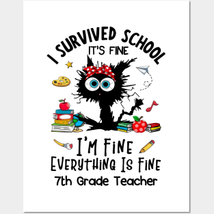 Black Cat 7th Grade Teacher It's Fine I'm Fine Everything Is Fine Posters and Art